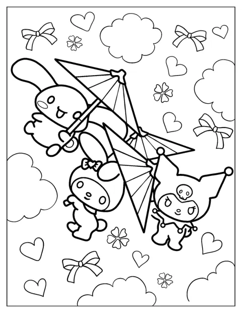 Cinnamoroll, My Melody e Kuromi voam pelo céu com guarda-chuvas wagasa.