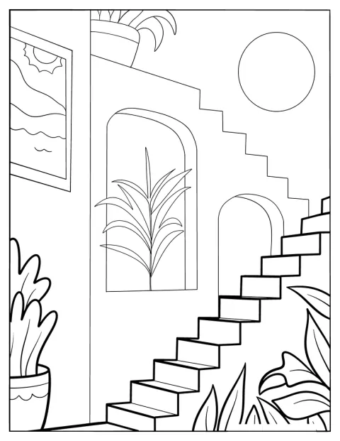 Zimmerpflanzen stehen neben einer Treppe in einem gemütlichen Boho-Wohnzimmer.