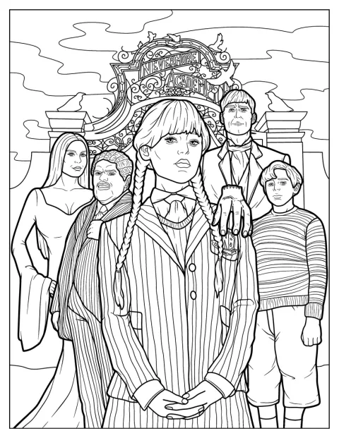 Vor Nevermore stehen Wednesday, Thing, Morticia, Gonzalez, Pugsley und Lurch zusammen.