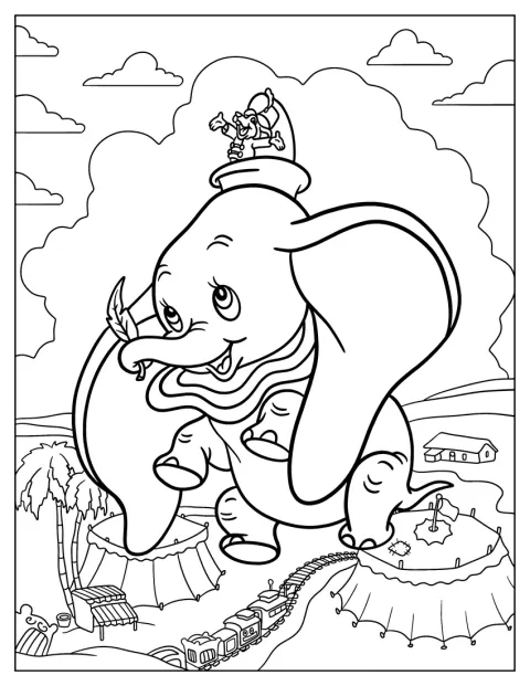 Dumbo letí nad cirkusem a na zádech veze Timothyho Mouse.