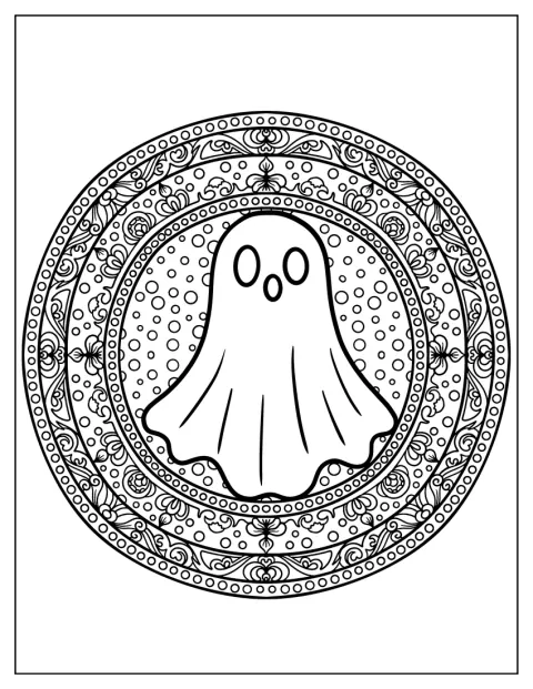 Um fantasma querido, coberto por uma manta, surge dentro de uma mandala.