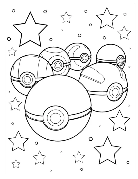 Olika Pokébollar ligger bland stjärnor.