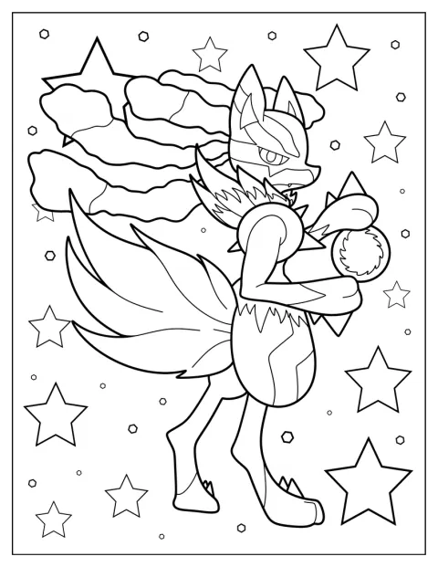 Mega Lucario drží zářící Aura Sphere před sebou.