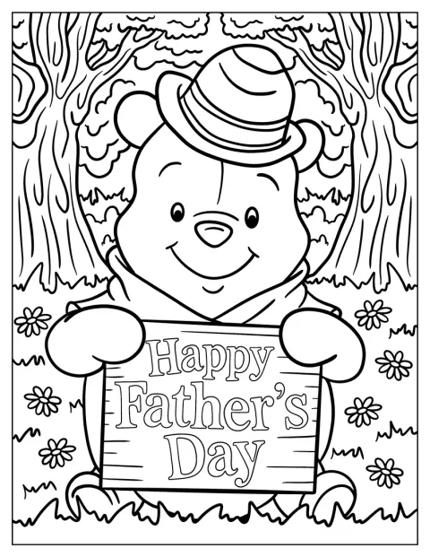 Usměvavý Medvídek Pú drží nápis ke Dni otců.