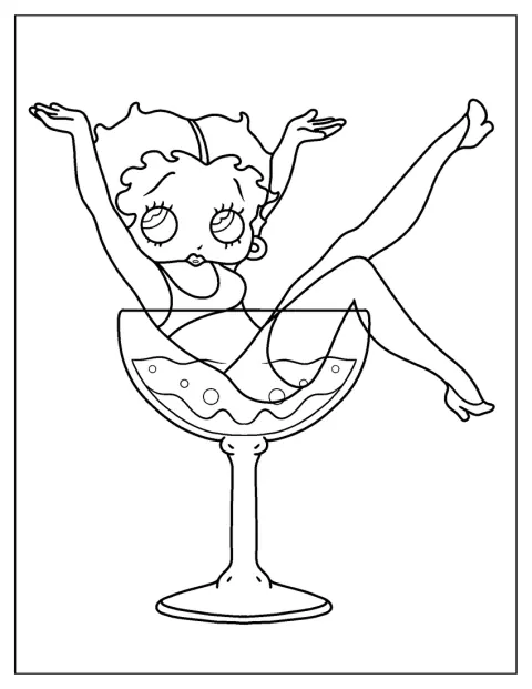 Betty Boop sitter inni et stort vinglass.