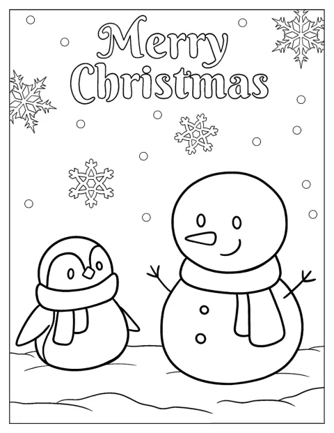 Een pinguïn staat naast een sneeuwpop in de sneeuw.