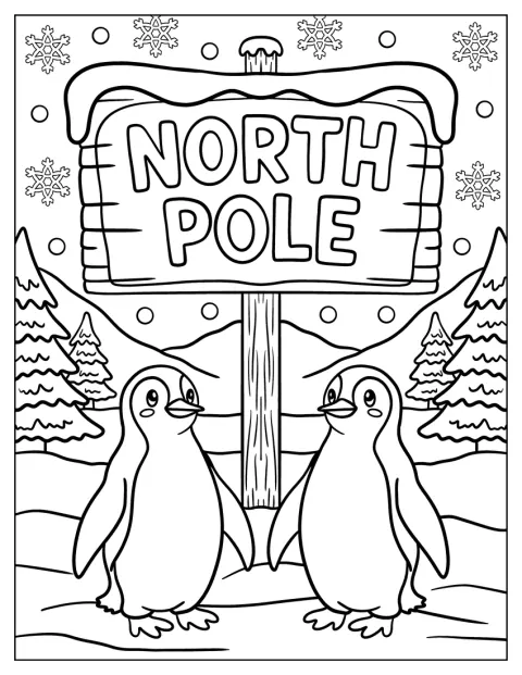 Two Cute Penguins in Front of North Pole Coloring Page Sign