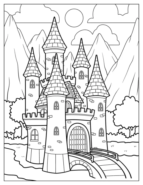 Un castel medieval cu turnuri este înconjurat de un șanț de apărare.