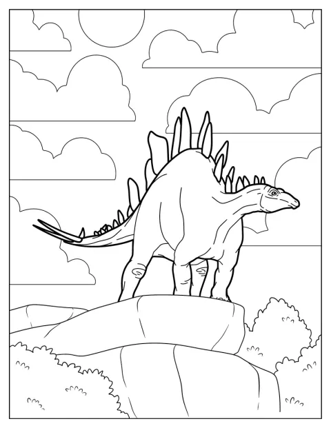 En Stegosaurus står nära kanten av en klippa.