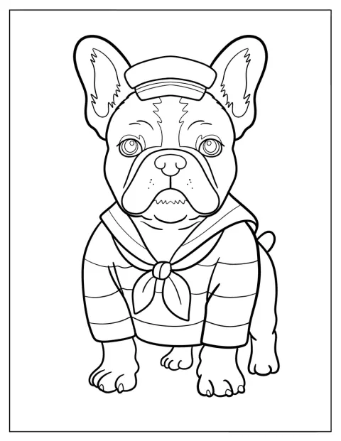 Tengerészruhás francia bulldog áll egyenesen.