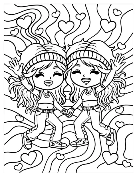 Duas jovens hippies dançam diante de um fundo de linhas ondulantes.