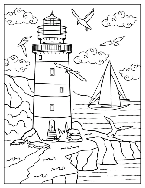 Möwen kreisen über einem detaillierten Leuchtturm, neben dem ein Boot auf dem Meer liegt.