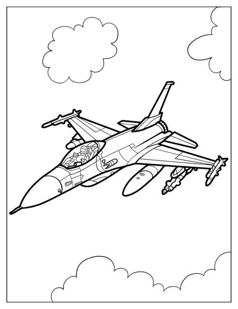 Lockheed Martin F-16 -hävittäjä näkyy selkeinä ääriviivoina sivulta.
