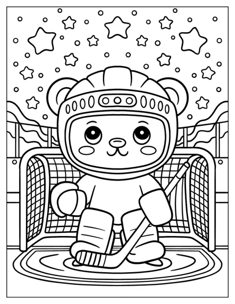 Un oso de dibujos animados, vestido de portero, protege la portería.