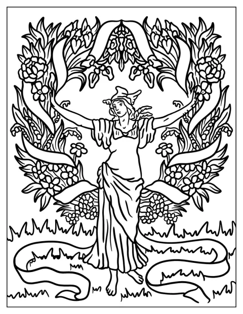 Un’illustrazione vintage mostra una ghirlanda floreale dedicata al Primo Maggio.