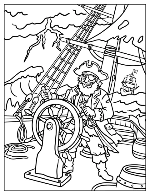 En piratkaptein styrer skipet gjennom stormfulle bølger.