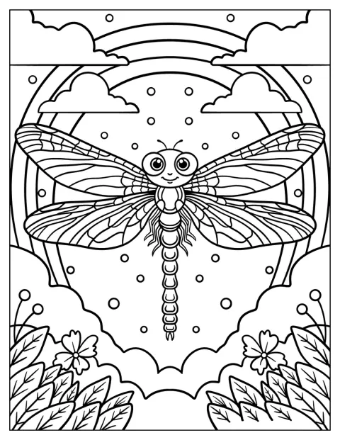 Uma libélula sorridente surge junto de flores e de um arco-íris.