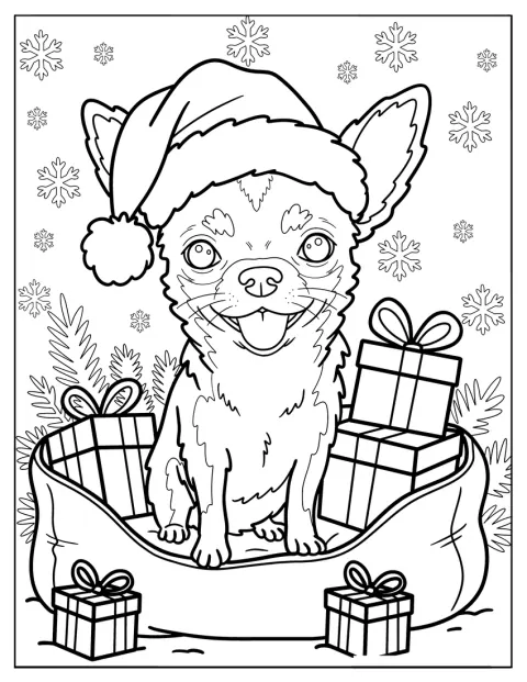 Un chihuahua peludo, con gorro de Papá Noel, descansa en su cama junto a regalos navideños.