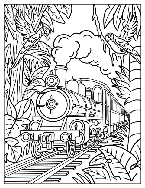 Una locomotora clásica recorre las vías en medio de una selva tropical.
