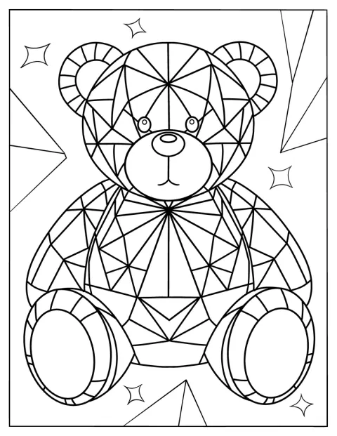 幾何学模様で飾られたテディベアが座っています。