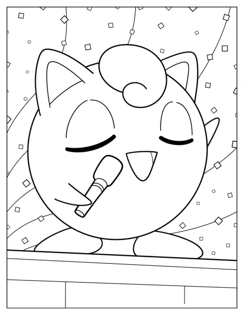 Jigglypuff canta ao microfone, rodeado por notas musicais.