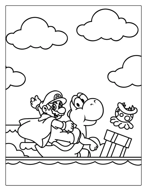 Auf Yoshi reitet Mario durch die Gegend.