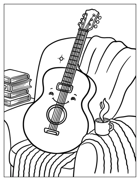 En akustisk gitarr vilar i en bekväm fåtölj.