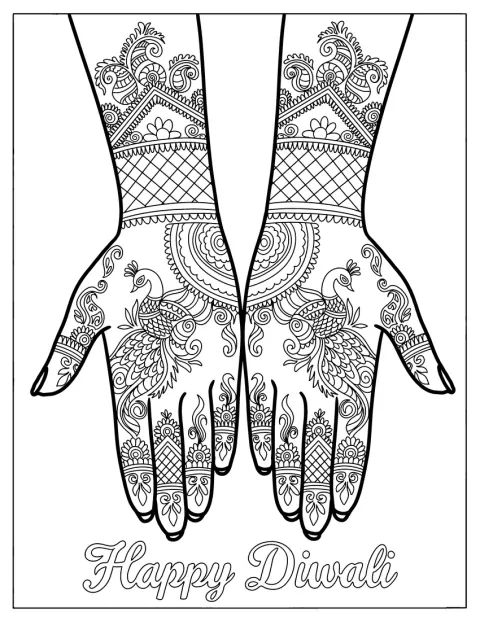 Mâinile sunt decorate cu modele mehndi cu henna pentru Diwali.