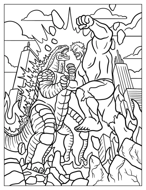 Godzilla og Hulk møtes til kamp blant byens bygninger.