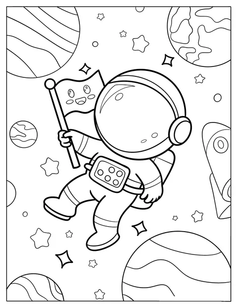 Un astronaute chibi flotte dans l’espace avec un drapeau souriant.