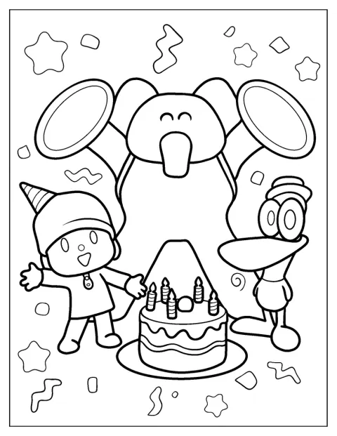 Pocoyo, Elly e Pato festeggiano attorno a una torta di compleanno.