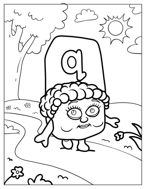 Bunica Alphablock Q se plimbă prin parc.