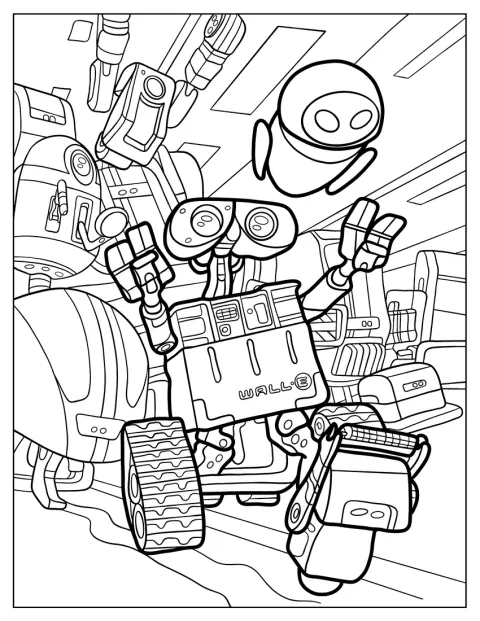 Eve, Wall-E, M-O og flere roboter marsjerer sammen.