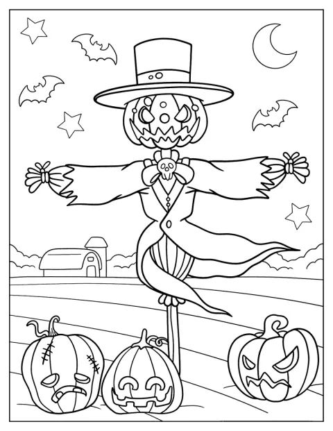 En fågelskrämma med pumpahuvud står redo för halloween.