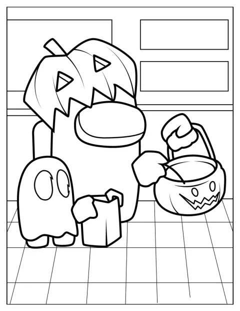 Mehrere Crewmates ziehen an Halloween verkleidet von Tür zu Tür.
