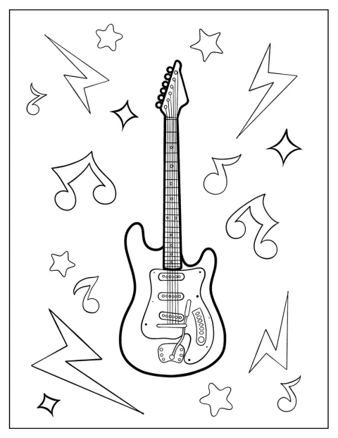 Egy részletesen kidolgozott elektromos gitár látható.