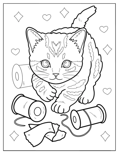 O pisicuță curioasă se joacă printre gheme de ață.