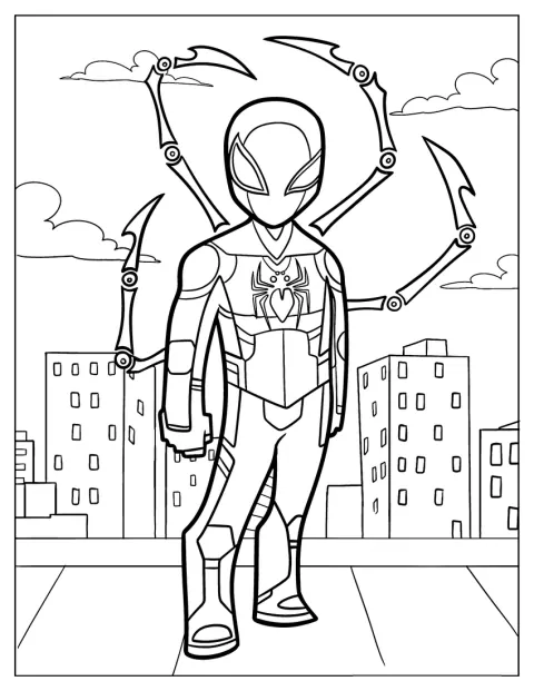 Roztomilý Iron Spider stojí na střeše budovy.