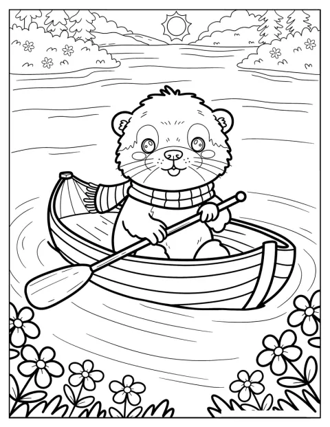 Une loutre à fourrure, vêtue d’une écharpe, rame dans une barque sur le lac.