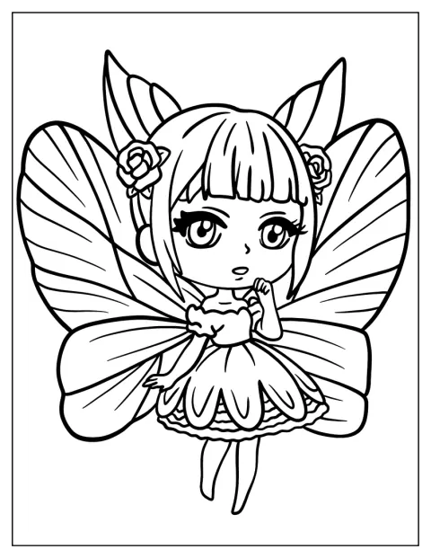 A rövid hajú chibi tündér mosolyogva áll apró szárnyaival.