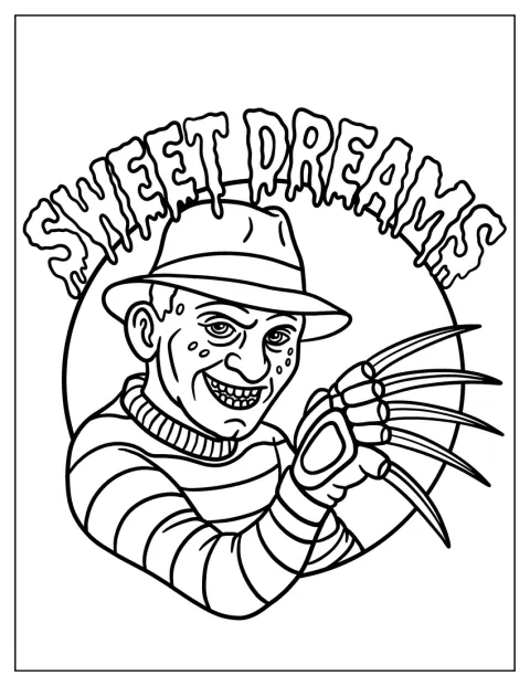 Freddy Krueger erscheint mit seinem gefährlichen Handschuh und dem Schriftzug „Sweet Dreams“.