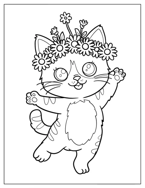 Un joli chat danse en portant une couronne de fleurs.