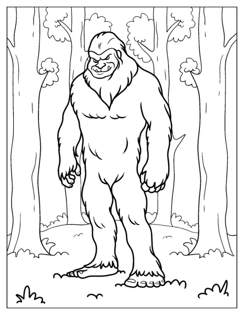 Bigfoot sorride con aria furba accanto a un gruppo di alberi.