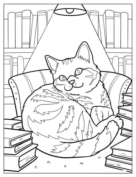Un gato grande duerme acurrucado junto a unos libros en la biblioteca.