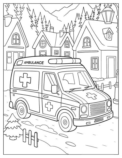 En ambulans kör genom en naturskön bergsby.