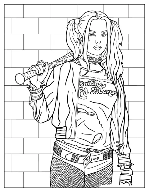 Harley Quinn står med et baseballbat i hånden.