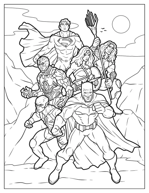 Superman, Cyborg, Wonder Woman, Aquaman, Flash og Batman står samlet.