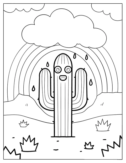 Suloinen saguarokaktus hymyilee sadepisaroiden ja sateenkaaren alla.