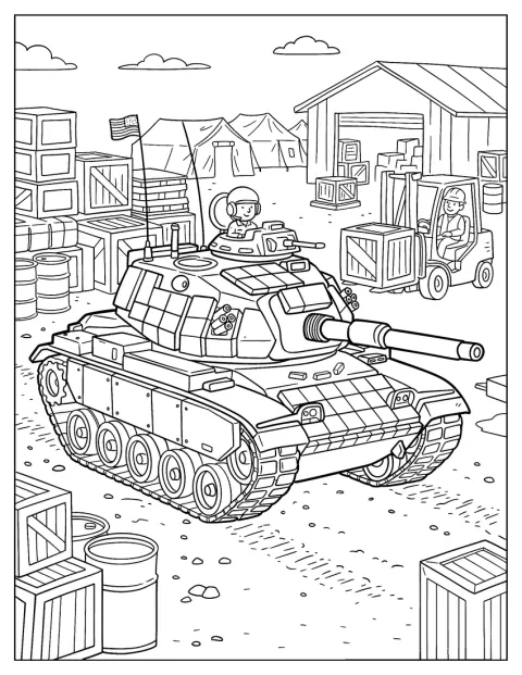 木箱やテントが並ぶ補給所に軍用戦車が停車しています。