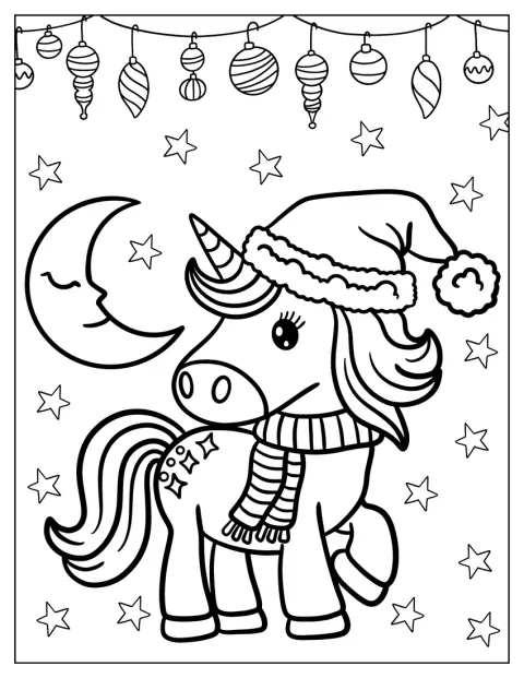 Un unicorn poartă căciulă de Moș Crăciun și fular dungat, sub o semilună.